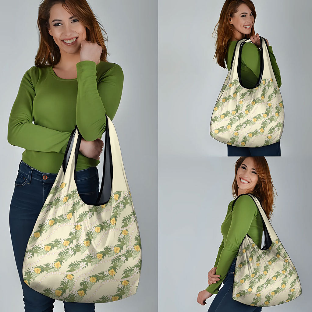 Hawaiian Pikake Maile Lei Grocery Bag Tiare Hibiscus Kalo Palapalai Leaf Beige