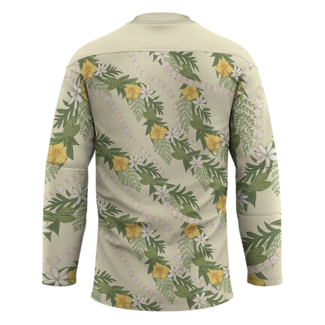 Hawaiian Pikake Maile Lei Hockey Jersey Tiare Hibiscus Kalo Palapalai Leaf Beige