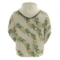 Hawaiian Pikake Maile Lei Hoodie Tiare Hibiscus Kalo Palapalai Leaf Beige