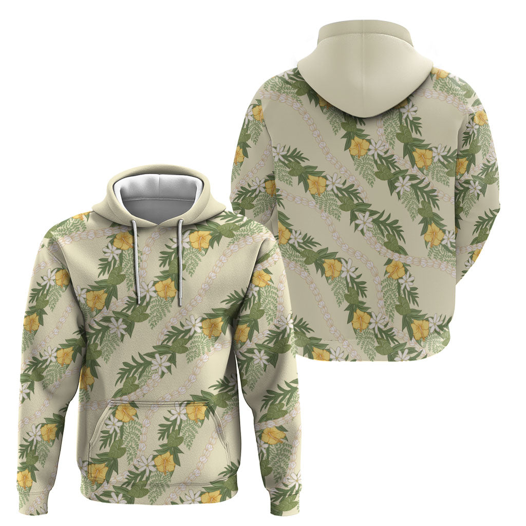 Hawaiian Pikake Maile Lei Hoodie Tiare Hibiscus Kalo Palapalai Leaf Beige