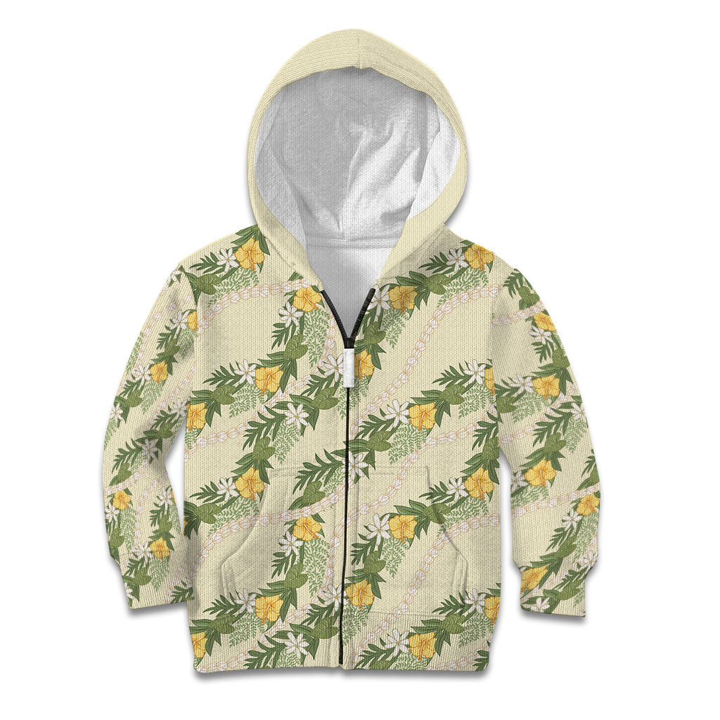 Hawaiian Pikake Maile Lei Kid Hoodie Tiare Hibiscus Kalo Palapalai Leaf Beige