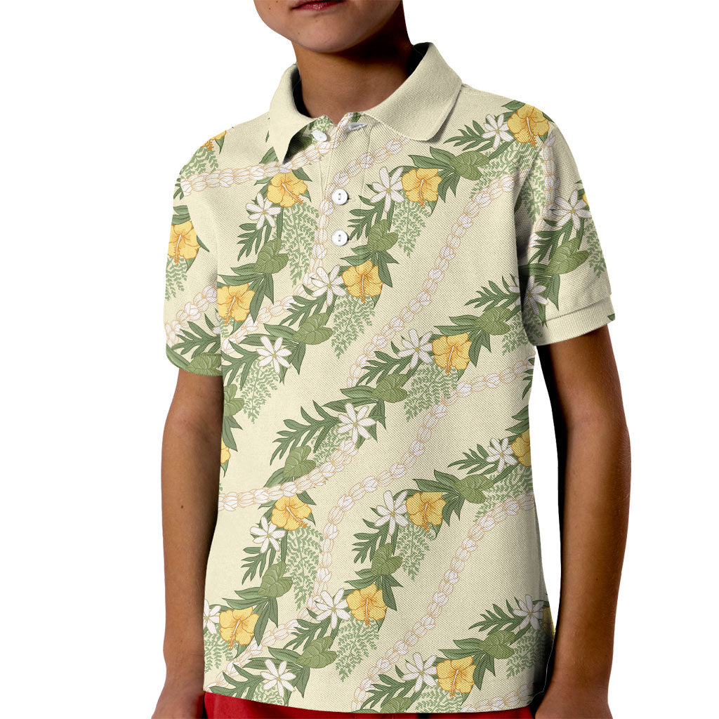 Hawaiian Pikake Maile Lei Kid Polo Shirt Tiare Hibiscus Kalo Palapalai Leaf Beige