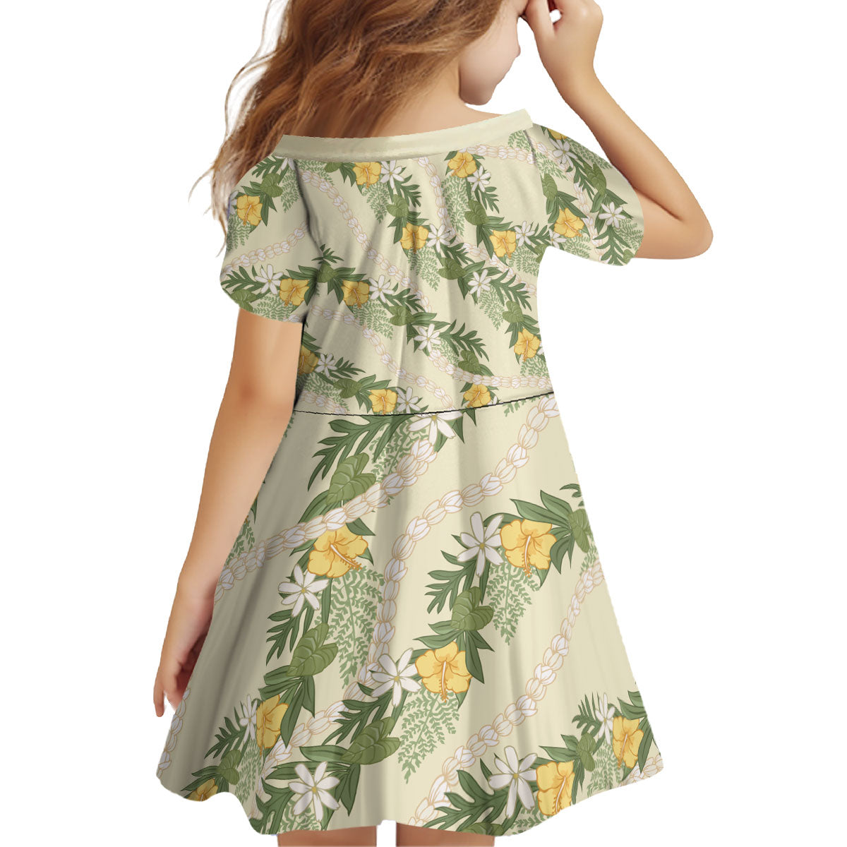 Hawaiian Pikake Maile Lei Kid Short Sleeve Dress Tiare Hibiscus Kalo Palapalai Leaf Beige