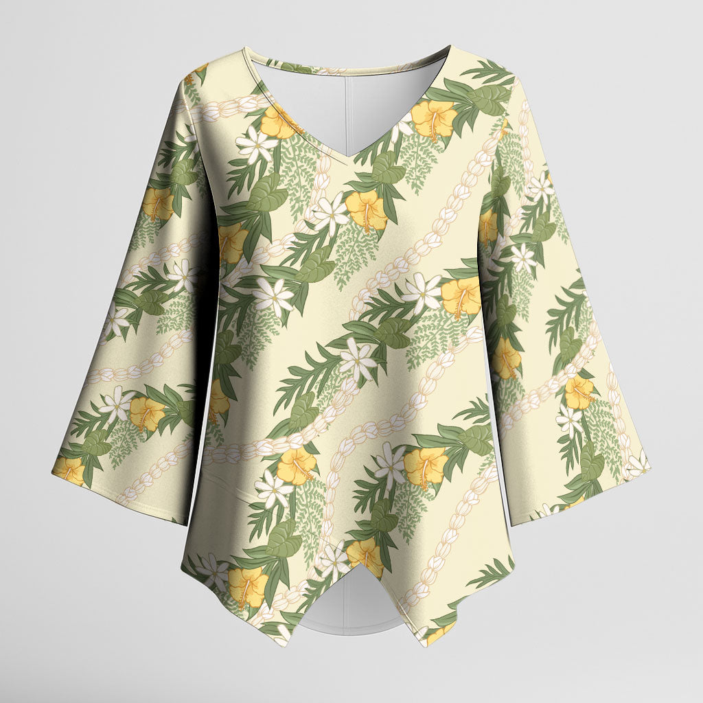 Hawaiian Pikake Maile Lei Kimono Sleeve Blouse Tiare Hibiscus Kalo Palapalai Leaf Beige