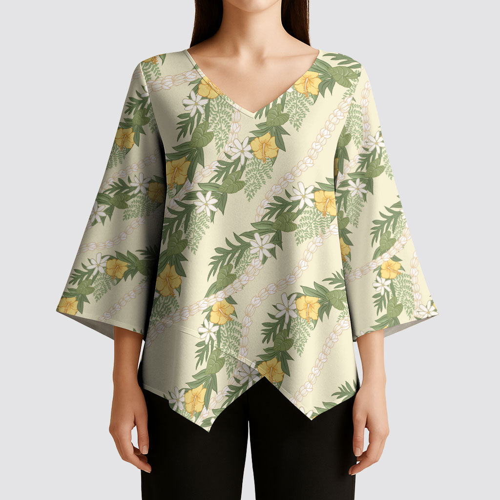Hawaiian Pikake Maile Lei Kimono Sleeve Blouse Tiare Hibiscus Kalo Palapalai Leaf Beige