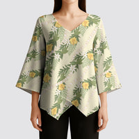 Hawaiian Pikake Maile Lei Kimono Sleeve Blouse Tiare Hibiscus Kalo Palapalai Leaf Beige