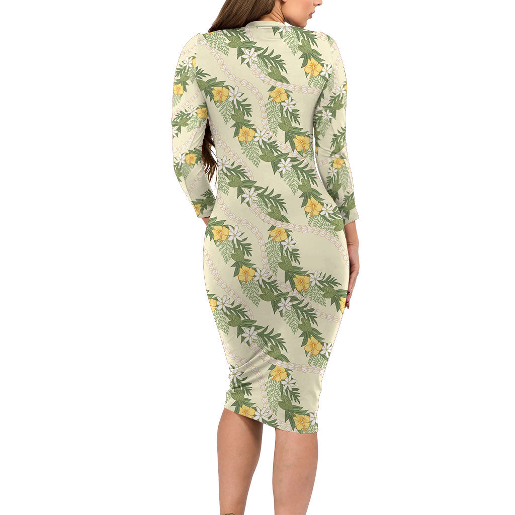 Hawaiian Pikake Maile Lei Long Sleeve Bodycon Dress Tiare Hibiscus Kalo Palapalai Leaf Beige LT19 - Polynesian Pride