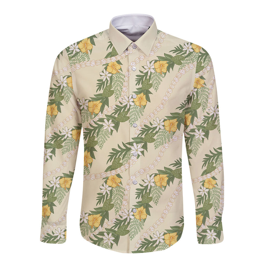 Hawaiian Pikake Maile Lei Long Sleeve Button Shirt Tiare Hibiscus Kalo Palapalai Leaf Beige