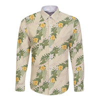 Hawaiian Pikake Maile Lei Long Sleeve Button Shirt Tiare Hibiscus Kalo Palapalai Leaf Beige