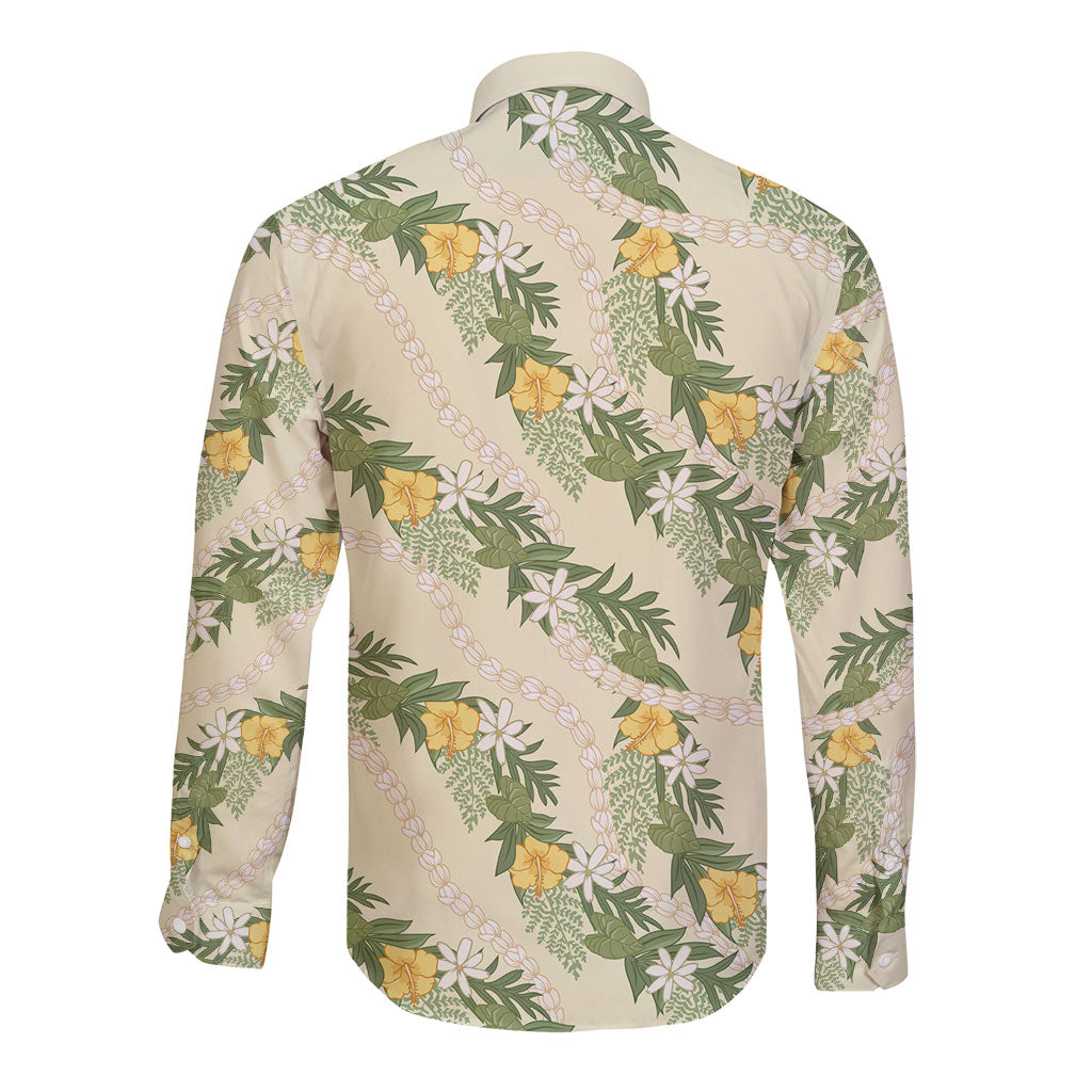 Hawaiian Pikake Maile Lei Long Sleeve Button Shirt Tiare Hibiscus Kalo Palapalai Leaf Beige