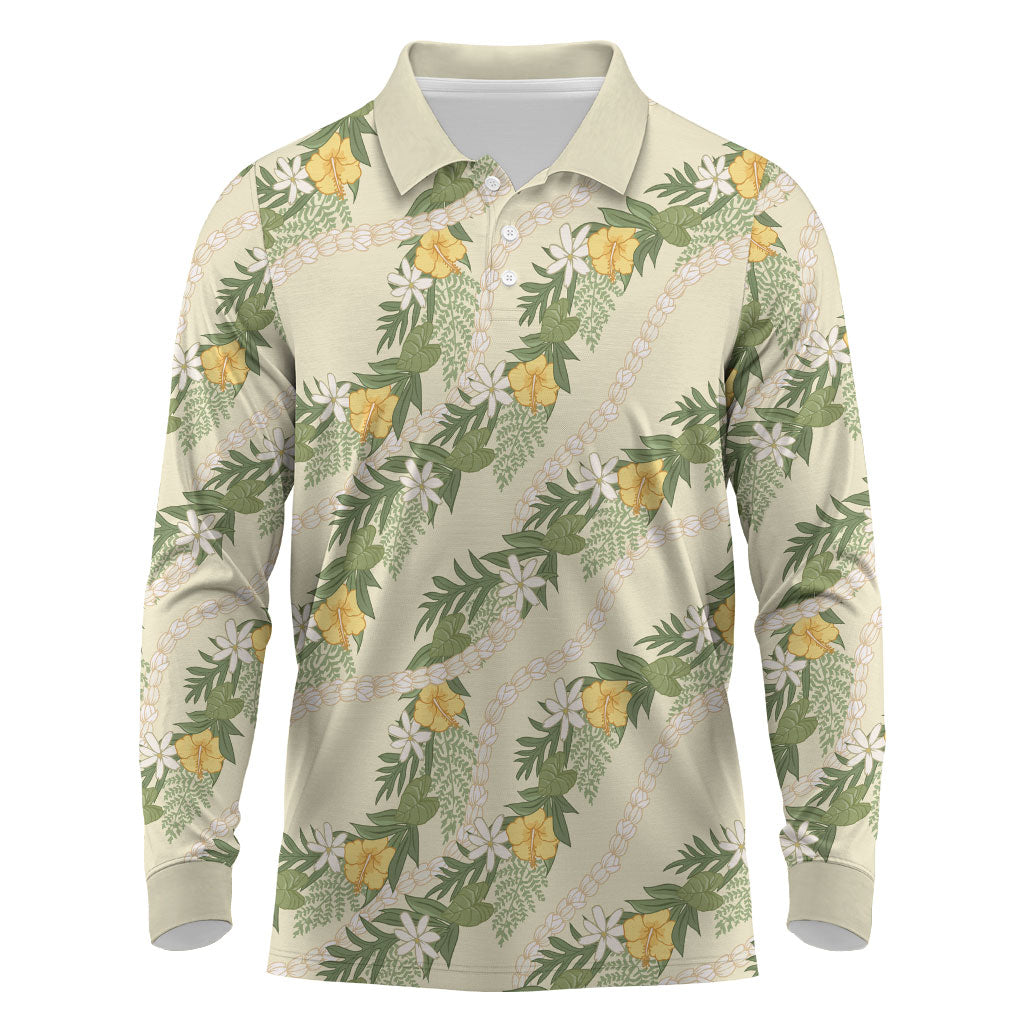 Hawaiian Pikake Maile Lei Long Sleeve Polo Shirt Tiare Hibiscus Kalo Palapalai Leaf Beige