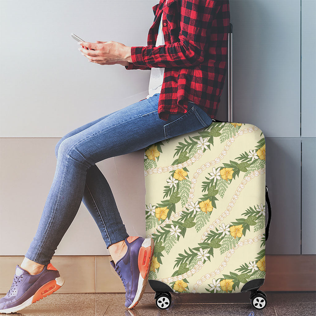 Hawaiian Pikake Maile Lei Luggage Cover Tiare Hibiscus Kalo Palapalai Leaf Beige