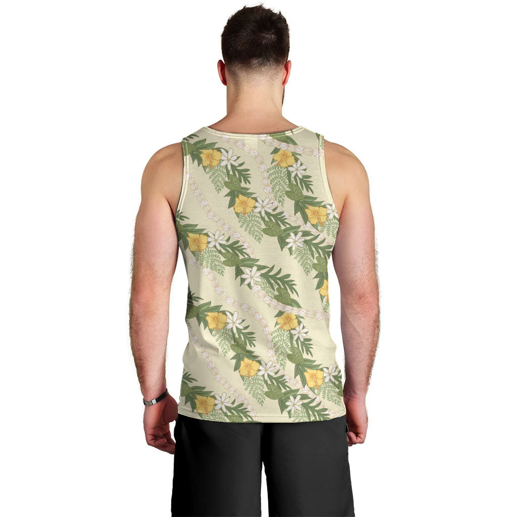 Hawaiian Pikake Maile Lei Men Tank Top Tiare Hibiscus Kalo Palapalai Leaf Beige