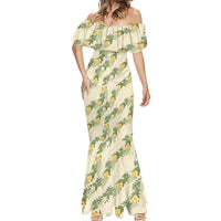 Hawaiian Pikake Maile Lei Mermaid Dress Tiare Hibiscus Kalo Palapalai Leaf Beige