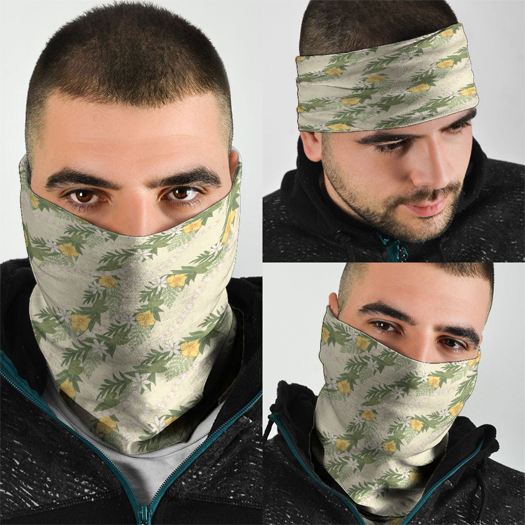 Hawaiian Pikake Maile Lei Neck Gaiter Tiare Hibiscus Kalo Palapalai Leaf Beige