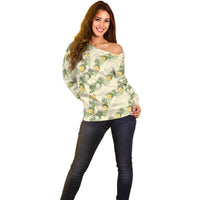 Hawaiian Pikake Maile Lei Off Shoulder Sweater Tiare Hibiscus Kalo Palapalai Leaf Beige