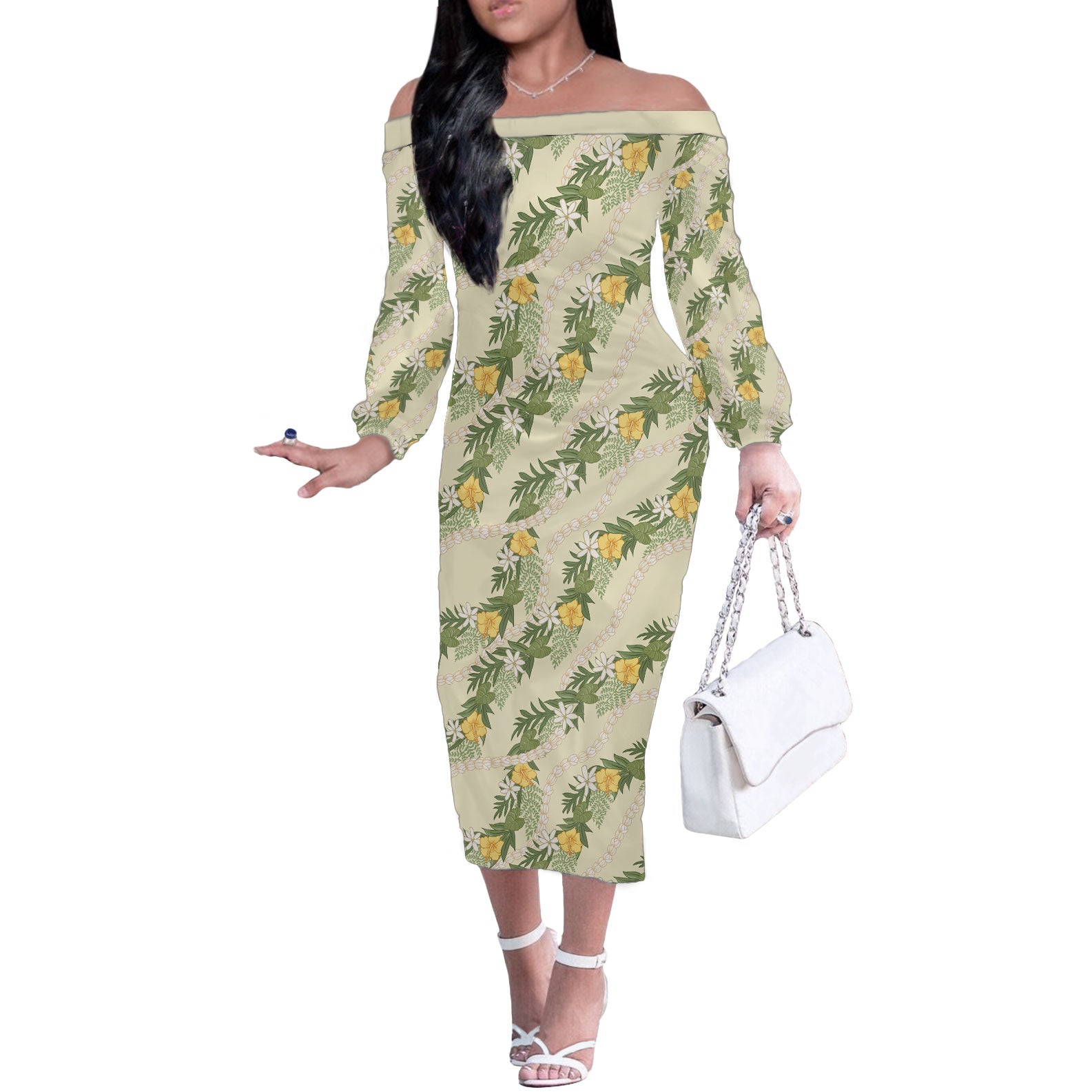 Hawaiian Pikake Maile Lei Off The Shoulder Long Sleeve Dress Tiare Hibiscus Kalo Palapalai Leaf Beige