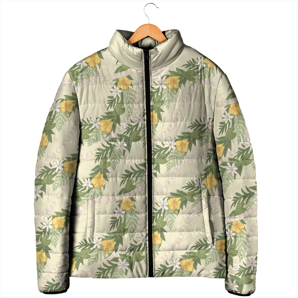 Hawaiian Pikake Maile Lei Padded Jacket Tiare Hibiscus Kalo Palapalai Leaf Beige