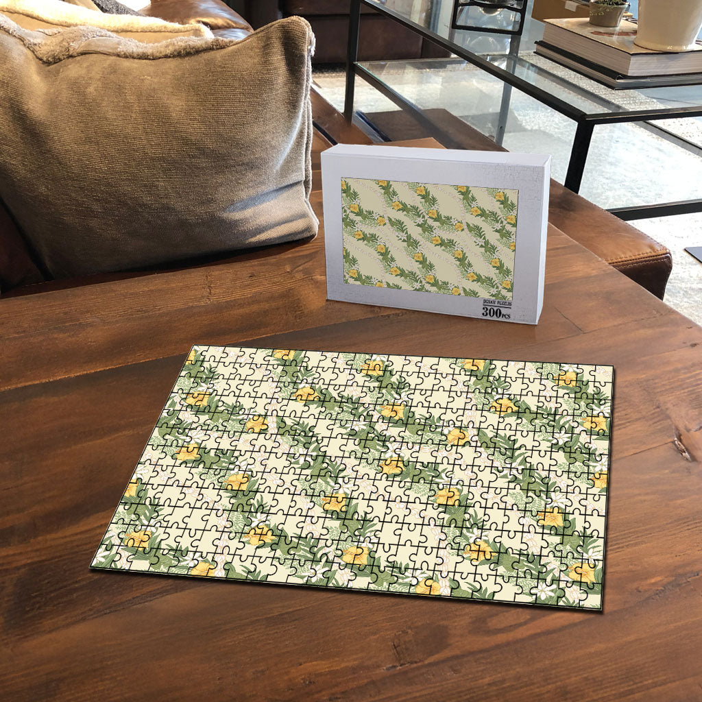 Hawaiian Pikake Maile Lei Puzzle Tiare Hibiscus Kalo Palapalai Leaf Beige