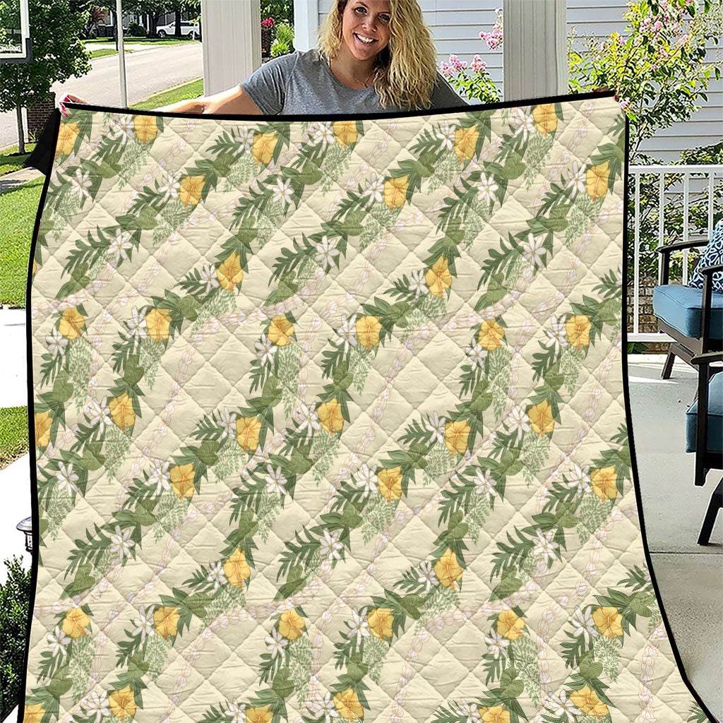 Hawaiian Pikake Maile Lei Quilt Tiare Hibiscus Kalo Palapalai Leaf Beige