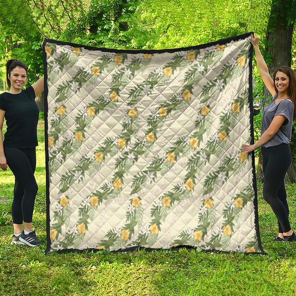 Hawaiian Pikake Maile Lei Quilt Tiare Hibiscus Kalo Palapalai Leaf Beige