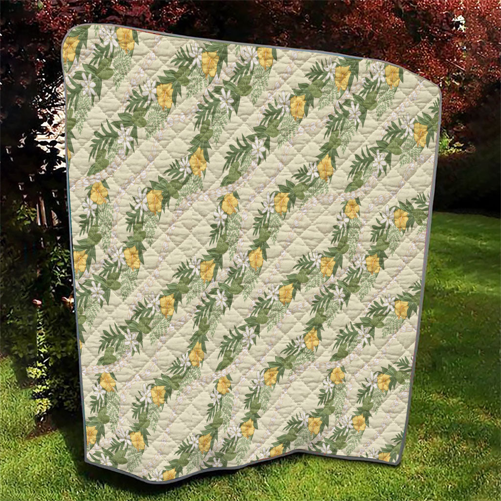Hawaiian Pikake Maile Lei Quilt Tiare Hibiscus Kalo Palapalai Leaf Beige
