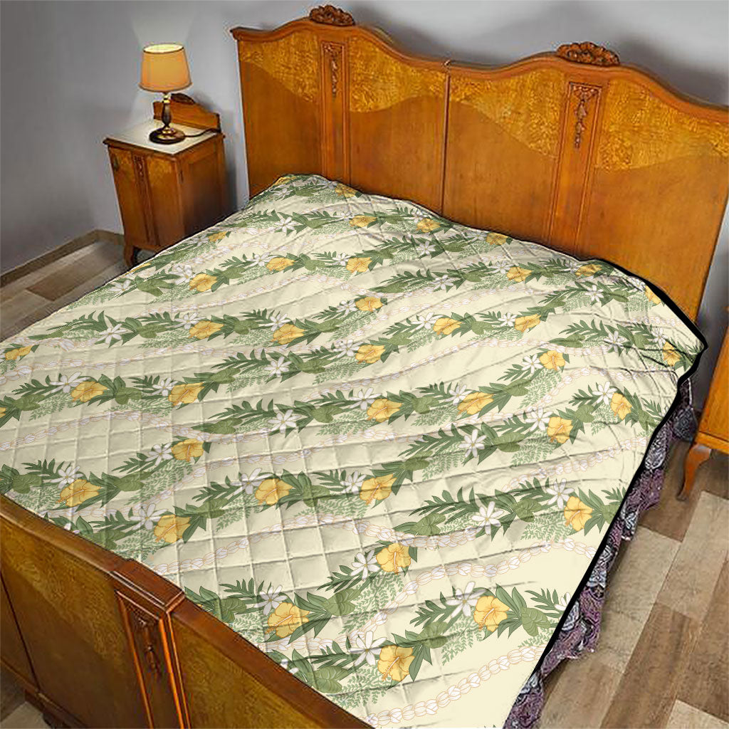 Hawaiian Pikake Maile Lei Quilt Tiare Hibiscus Kalo Palapalai Leaf Beige