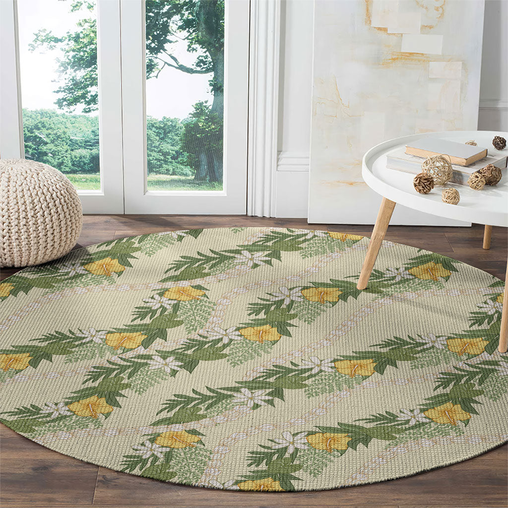 Hawaiian Pikake Maile Lei Round Carpet Tiare Hibiscus Kalo Palapalai Leaf Beige