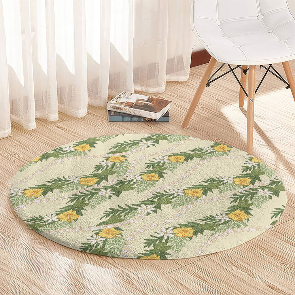 Hawaiian Pikake Maile Lei Round Carpet Tiare Hibiscus Kalo Palapalai Leaf Beige