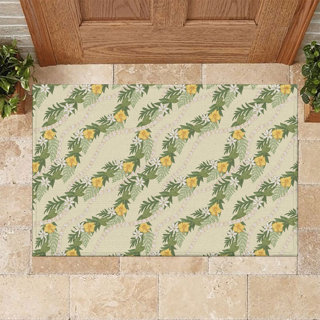 Hawaiian Pikake Maile Lei Rubber Doormat Tiare Hibiscus Kalo Palapalai Leaf Beige