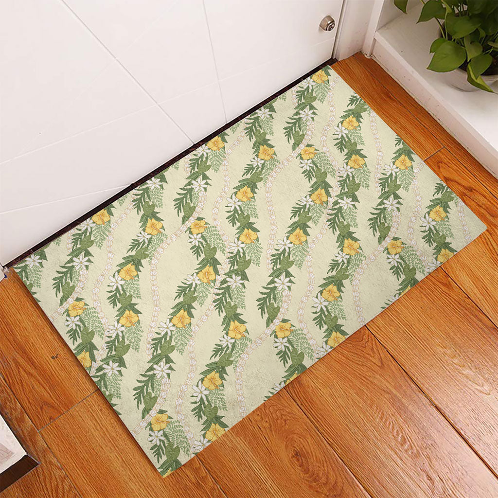 Hawaiian Pikake Maile Lei Rubber Doormat Tiare Hibiscus Kalo Palapalai Leaf Beige