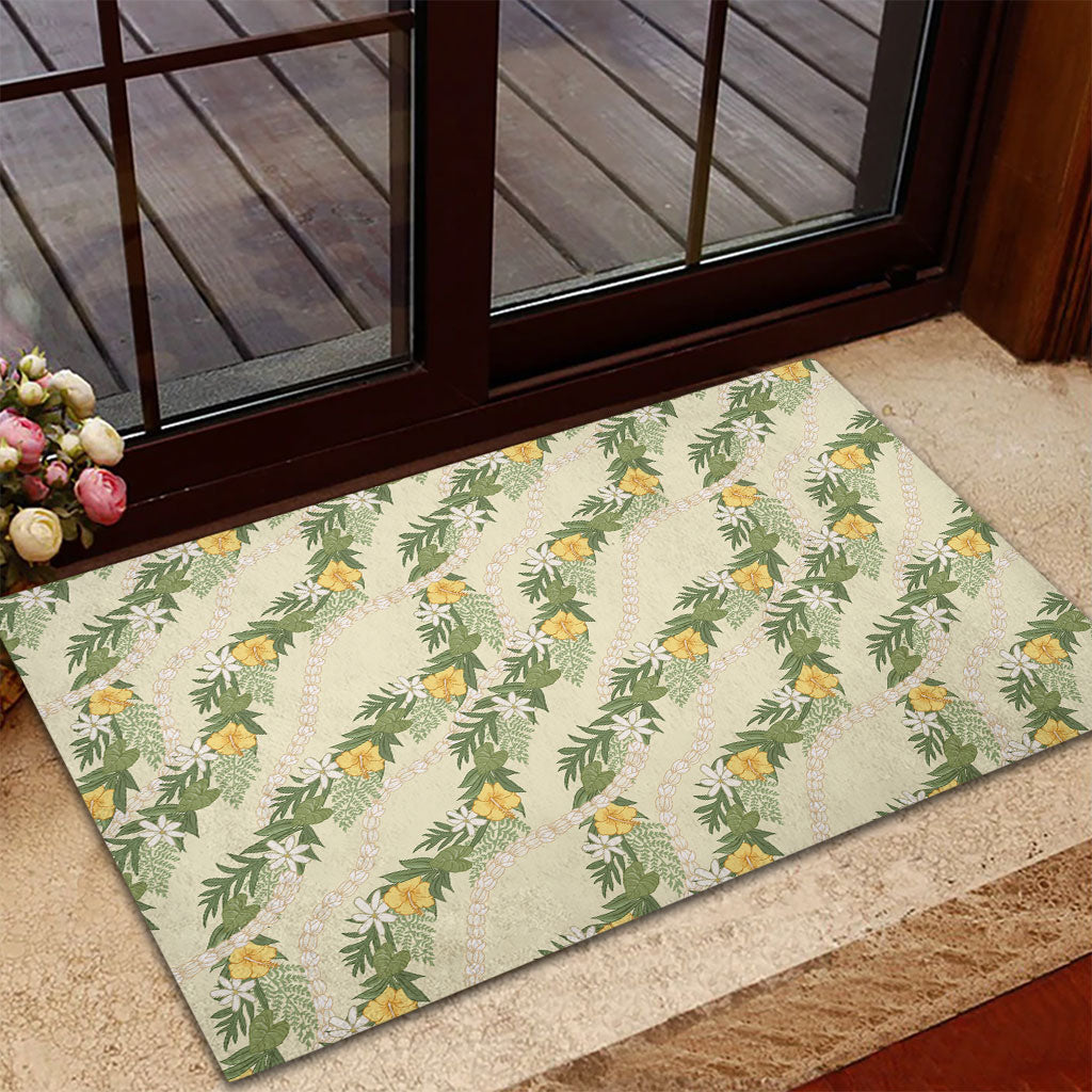 Hawaiian Pikake Maile Lei Rubber Doormat Tiare Hibiscus Kalo Palapalai Leaf Beige