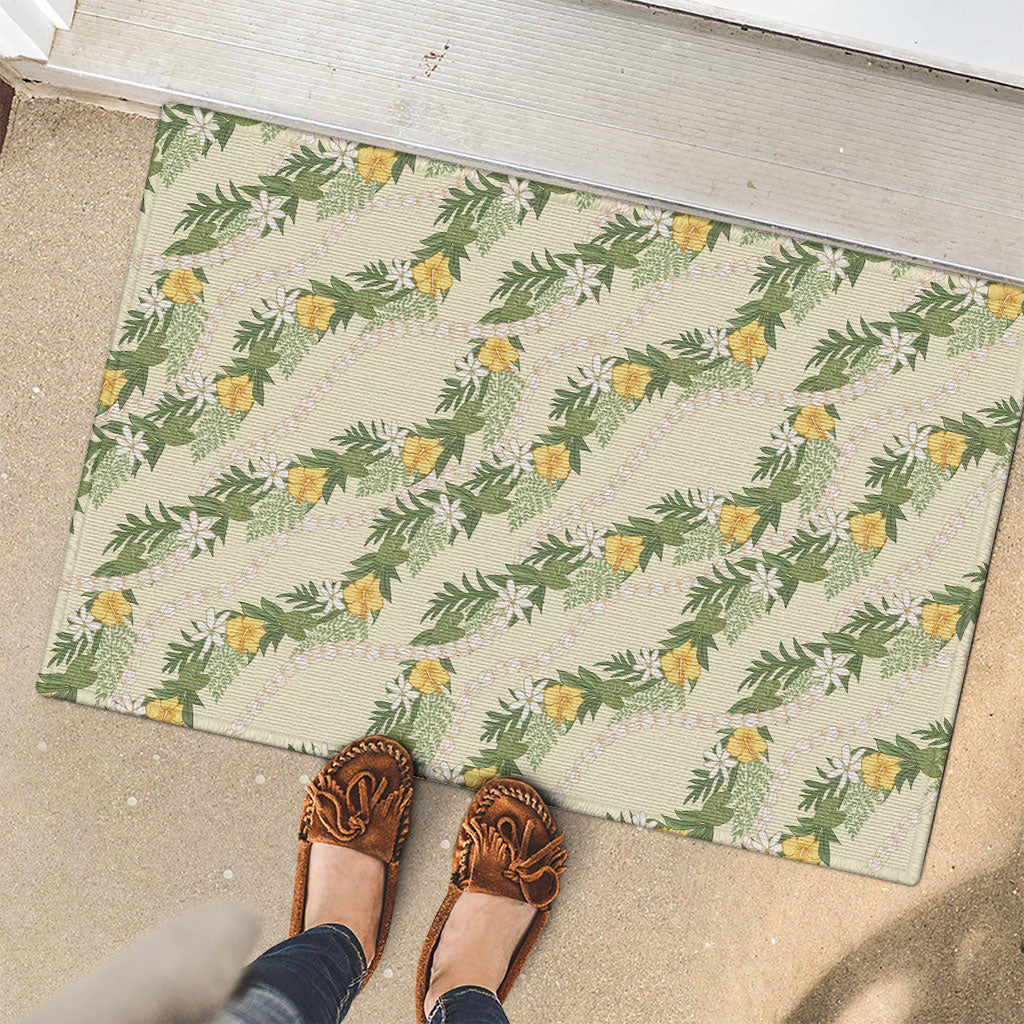 Hawaiian Pikake Maile Lei Rubber Doormat Tiare Hibiscus Kalo Palapalai Leaf Beige