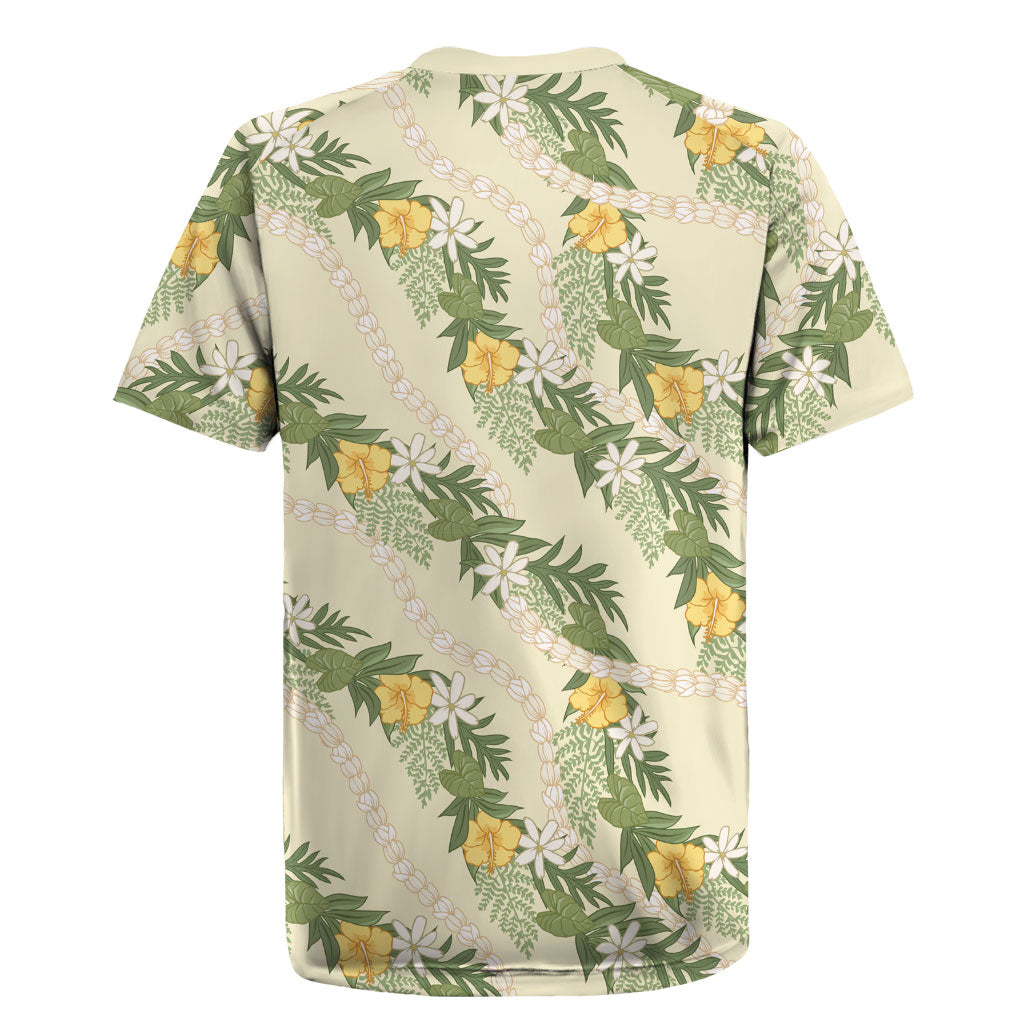 Hawaiian Pikake Maile Lei Rugby Jersey Tiare Hibiscus Kalo Palapalai Leaf Beige