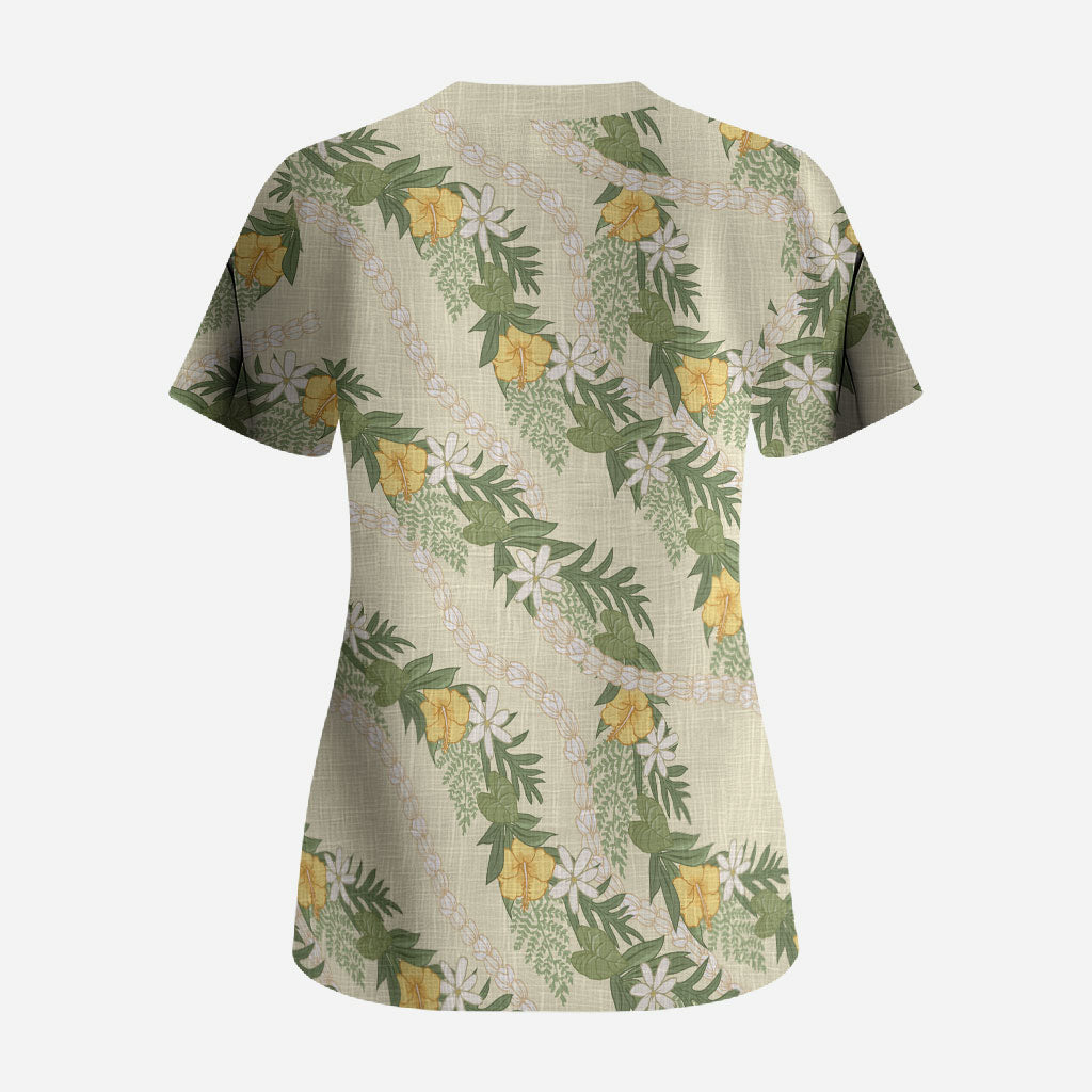 Hawaiian Pikake Maile Lei Scrub Top Tiare Hibiscus Kalo Palapalai Leaf Beige