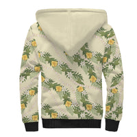 Hawaiian Pikake Maile Lei Sherpa Hoodie Tiare Hibiscus Kalo Palapalai Leaf Beige