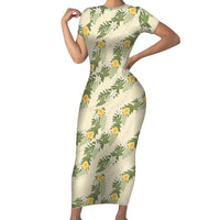 Hawaiian Pikake Maile Lei Short Sleeve Bodycon Dress Tiare Hibiscus Kalo Palapalai Leaf Beige LT19 Long Dress Beige - Polynesian Pride