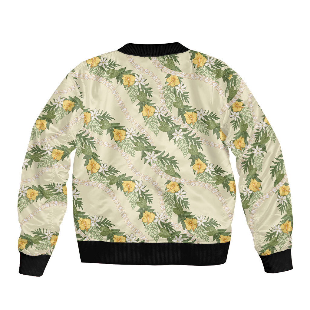 Hawaiian Pikake Maile Lei Sleeve Zip Bomber Jacket Tiare Hibiscus Kalo Palapalai Leaf Beige