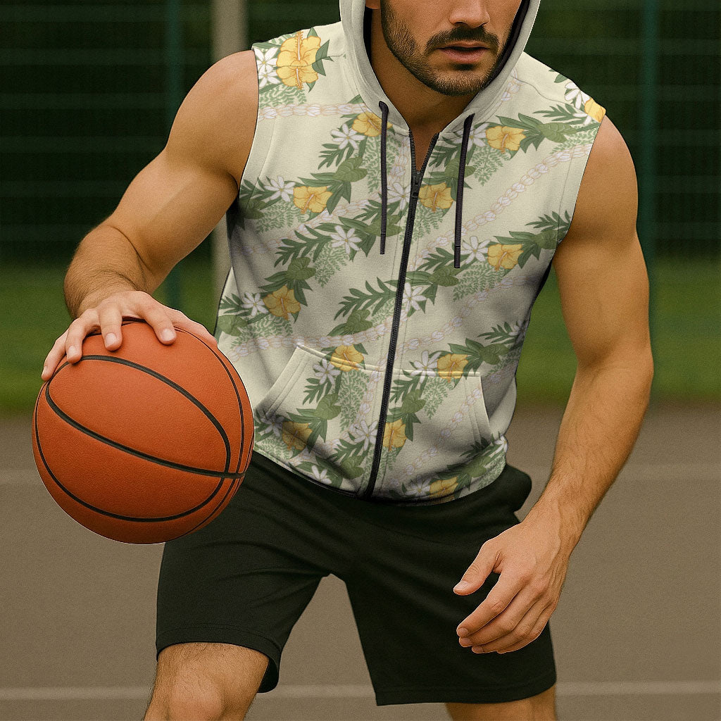 Hawaiian Pikake Maile Lei Sleeveless Zip Hoodie Tiare Hibiscus Kalo Palapalai Leaf Beige