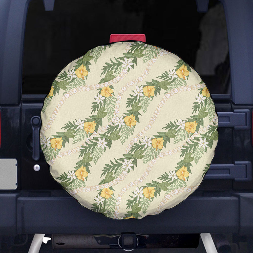 Hawaiian Pikake Maile Lei Spare Tire Cover Tiare Hibiscus Kalo Palapalai Leaf Beige