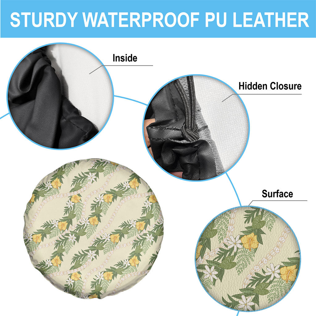 Hawaiian Pikake Maile Lei Spare Tire Cover Tiare Hibiscus Kalo Palapalai Leaf Beige