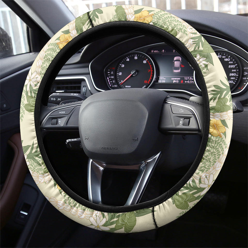 Hawaiian Pikake Maile Lei Steering Wheel Cover Tiare Hibiscus Kalo Palapalai Leaf Beige