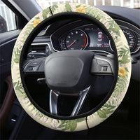 Hawaiian Pikake Maile Lei Steering Wheel Cover Tiare Hibiscus Kalo Palapalai Leaf Beige