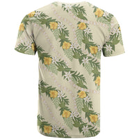 Hawaiian Pikake Maile Lei T Shirt Tiare Hibiscus Kalo Palapalai Leaf Beige