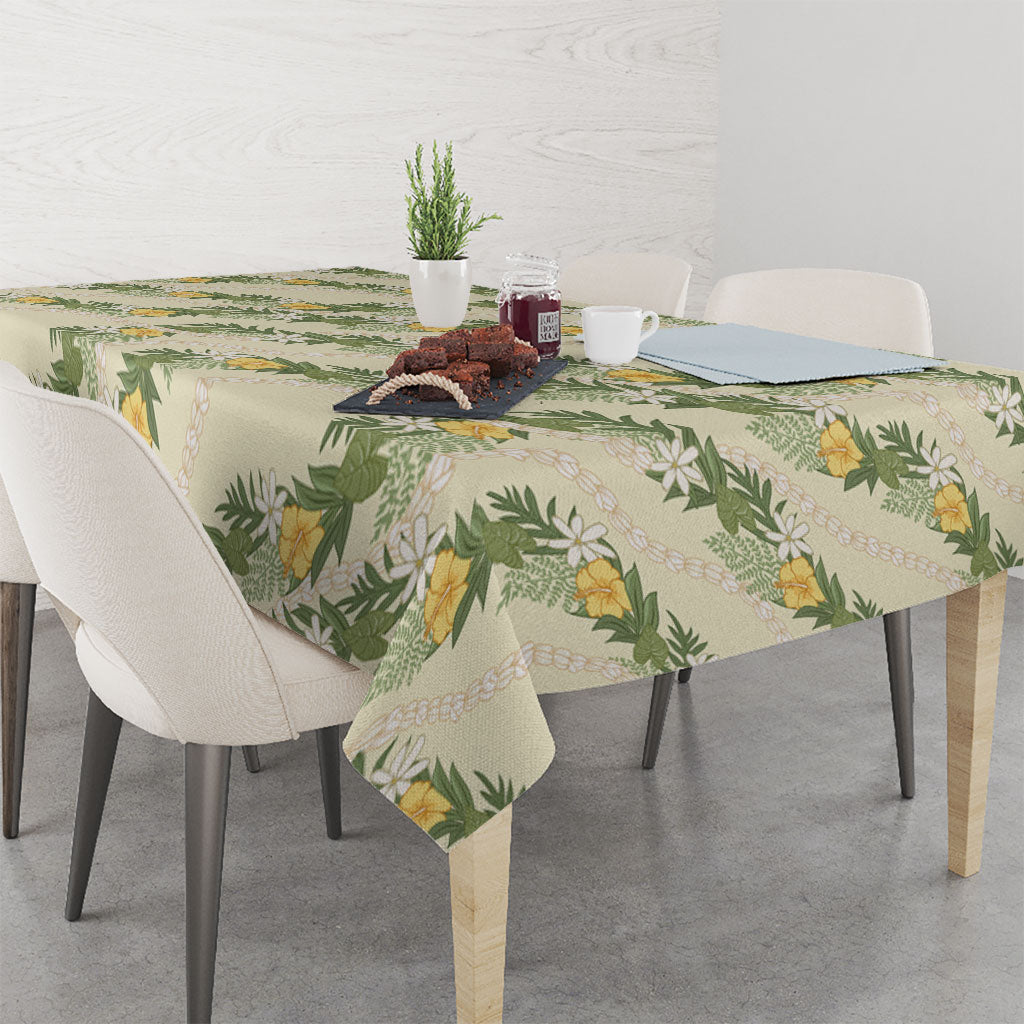 Hawaiian Pikake Maile Lei Tablecloth Tiare Hibiscus Kalo Palapalai Leaf Beige
