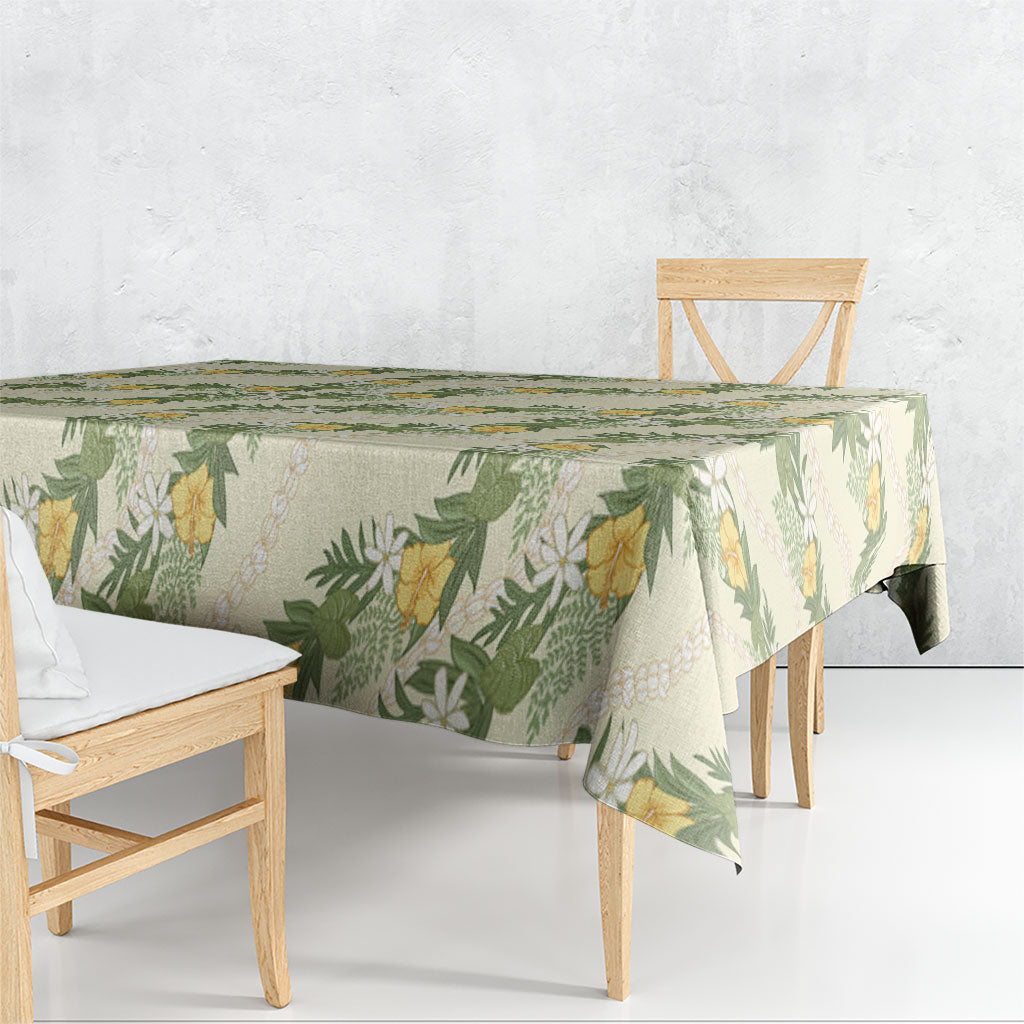 Hawaiian Pikake Maile Lei Tablecloth Tiare Hibiscus Kalo Palapalai Leaf Beige