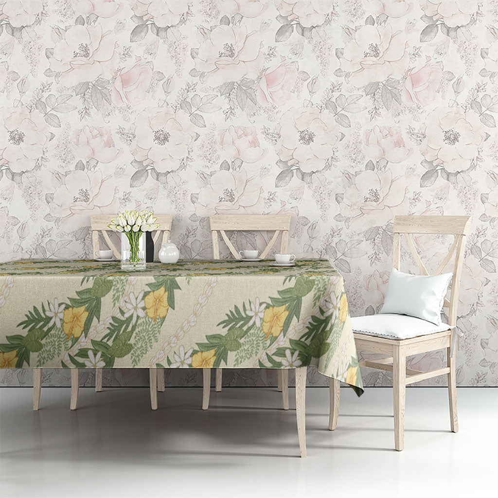 Hawaiian Pikake Maile Lei Tablecloth Tiare Hibiscus Kalo Palapalai Leaf Beige