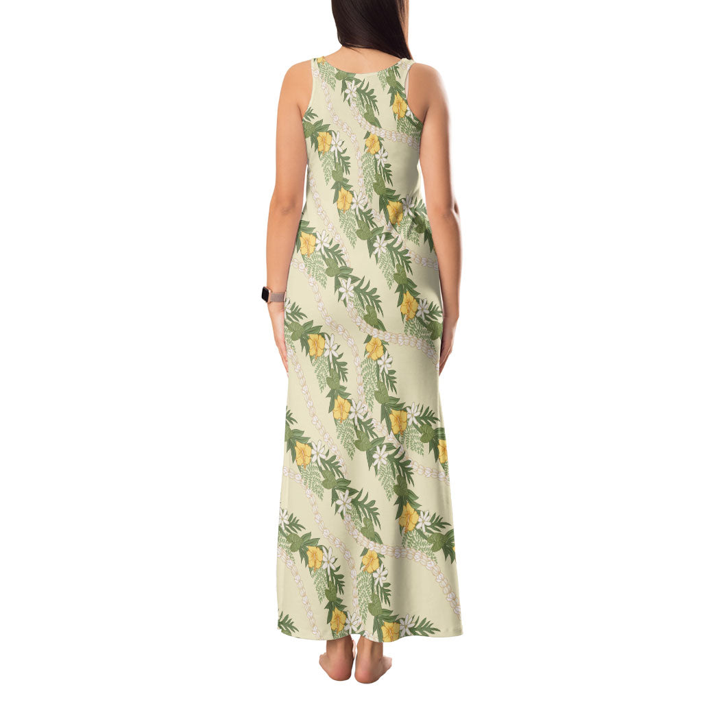 Hawaiian Pikake Maile Lei Tank Maxi Dress Tiare Hibiscus Kalo Palapalai Leaf Beige