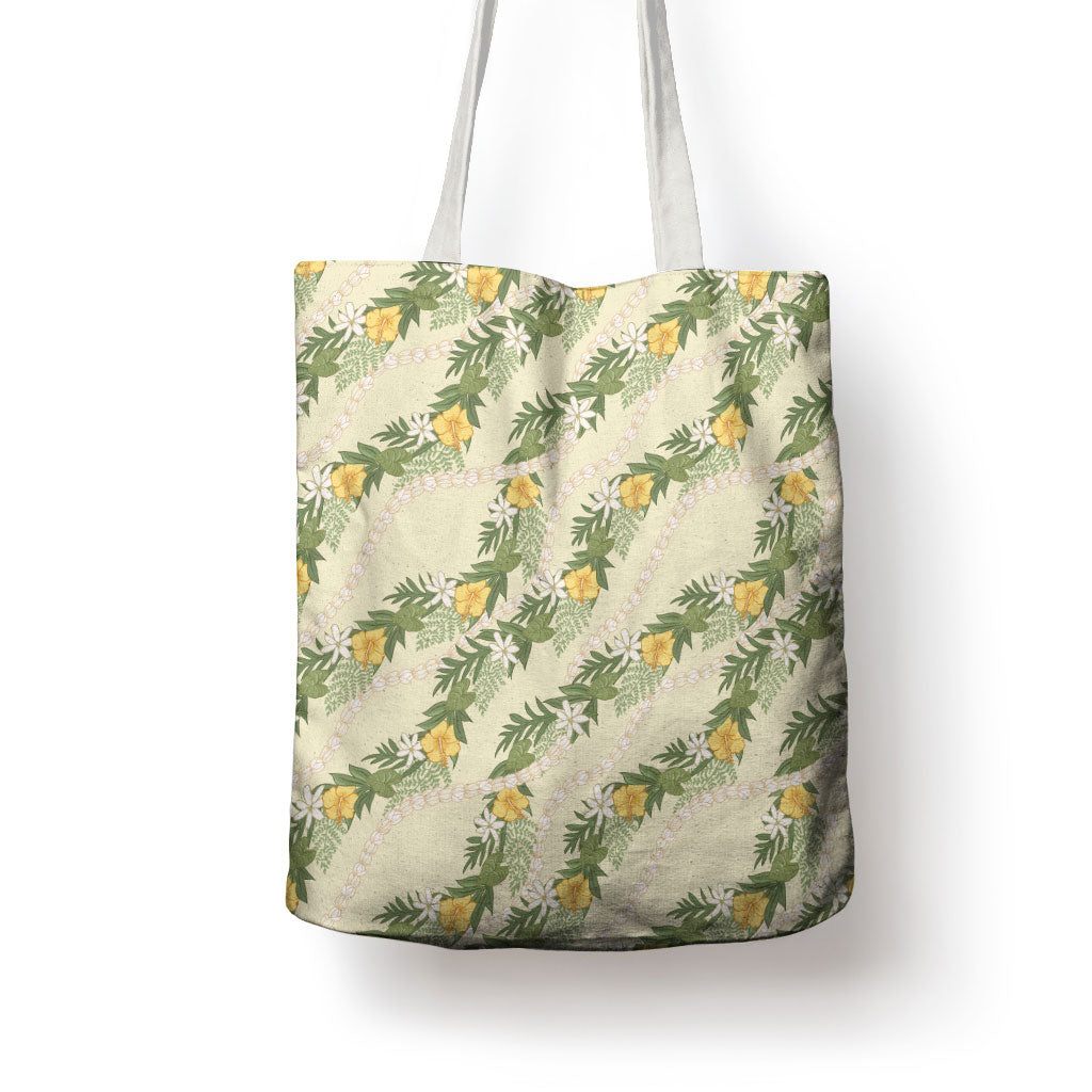 Hawaiian Pikake Maile Lei Tote Bag Tiare Hibiscus Kalo Palapalai Leaf Beige