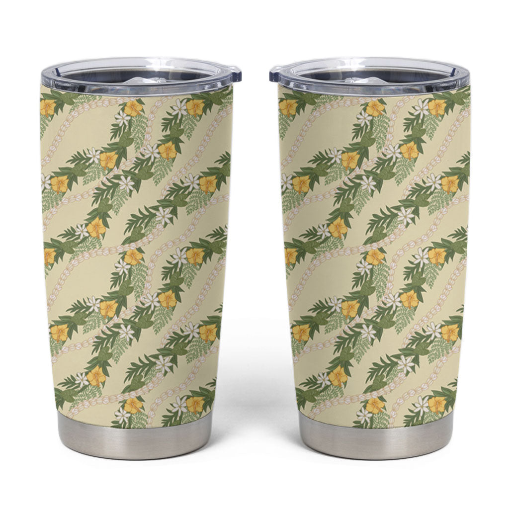 Hawaiian Pikake Maile Lei Tumbler Cup Tiare Hibiscus Kalo Palapalai Leaf Beige